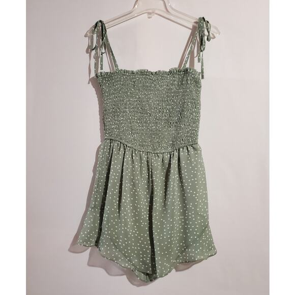 She + Sky Pants - She + Sky NWT Polka Dot Smocked Ruffle Tie Strap Romper M Sage Green Cottage